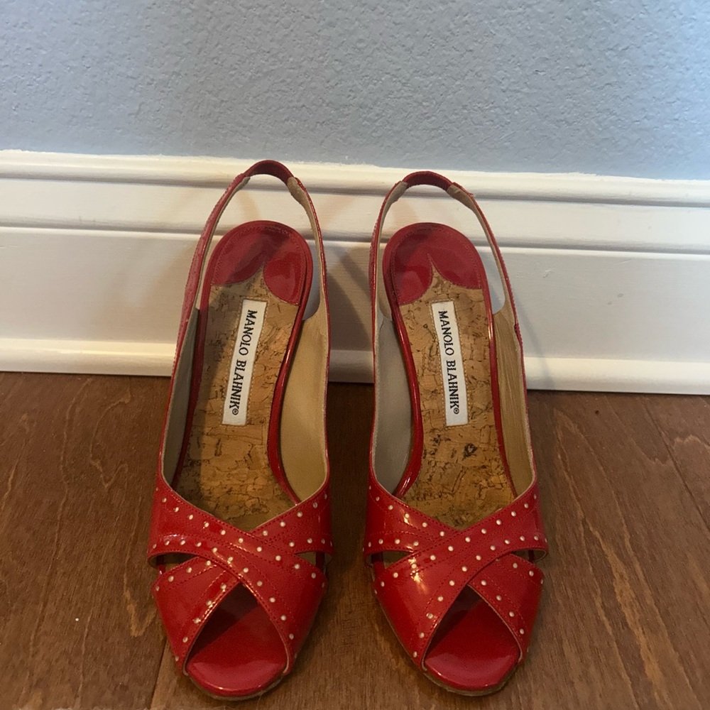 Manolo Blahnik Red Studded Slingback Heels